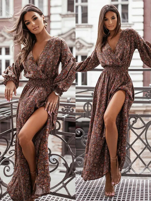 Trendy Floral Slit Midi Dress with Smocked Waist & Long Sleeves