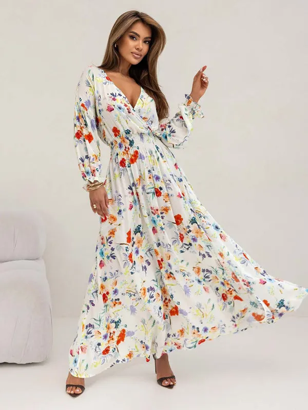 Trendy Floral Slit Midi Dress with Smocked Waist & Long Sleeves