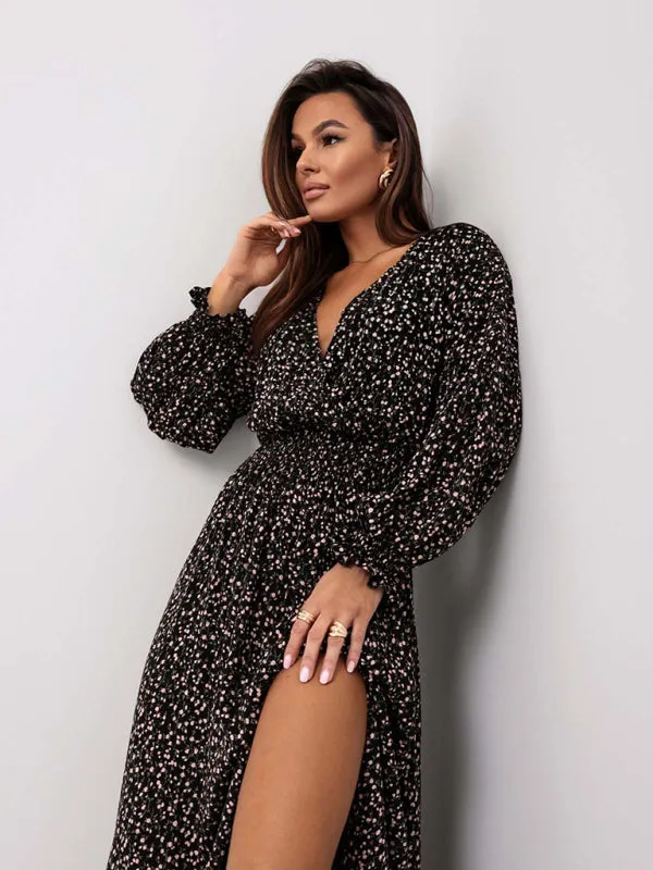 Trendy Floral Slit Midi Dress with Smocked Waist & Long Sleeves