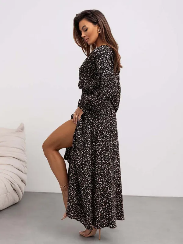 Trendy Floral Slit Midi Dress with Smocked Waist & Long Sleeves
