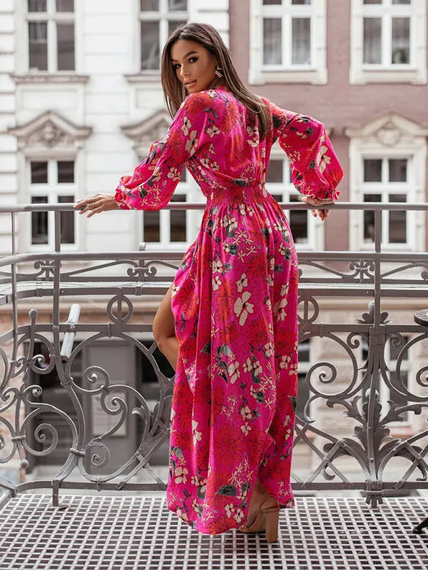 Trendy Floral Slit Midi Dress with Smocked Waist & Long Sleeves
