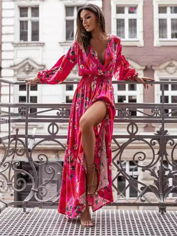 Trendy Floral Slit Midi Dress with Smocked Waist & Long Sleeves