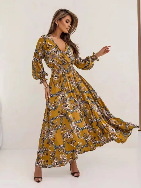 Trendy Floral Slit Midi Dress with Smocked Waist & Long Sleeves