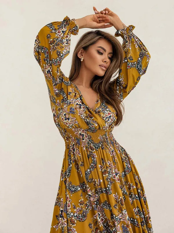 Trendy Floral Slit Midi Dress with Smocked Waist & Long Sleeves