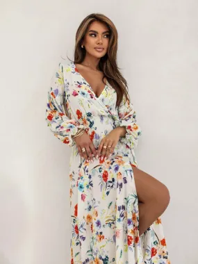 Trendy Floral Slit Midi Dress with Smocked Waist & Long Sleeves