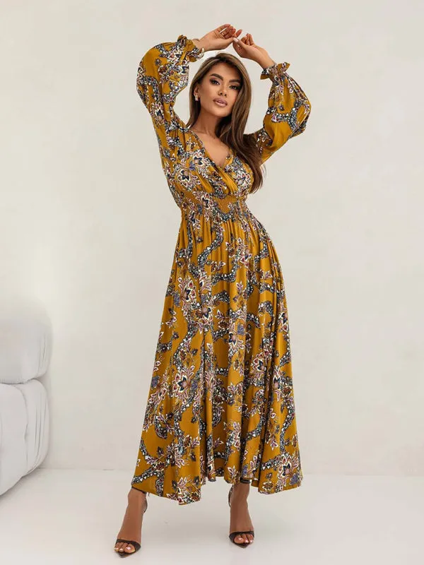 Trendy Floral Slit Midi Dress with Smocked Waist & Long Sleeves