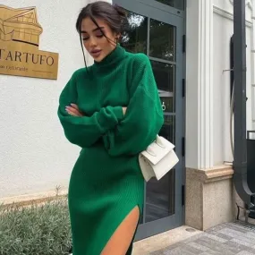 Turtleneck Sweater High Split Midi Classic Skirt Matching Set - Black