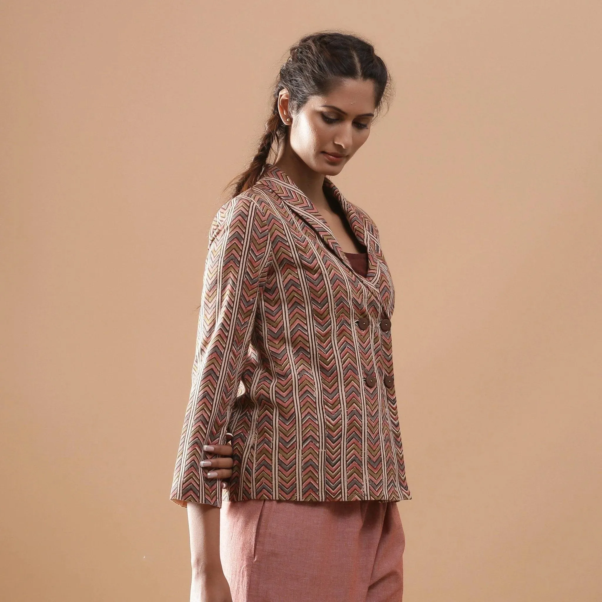 Warm Block Print Double-Breasted Short Cotton Jacket