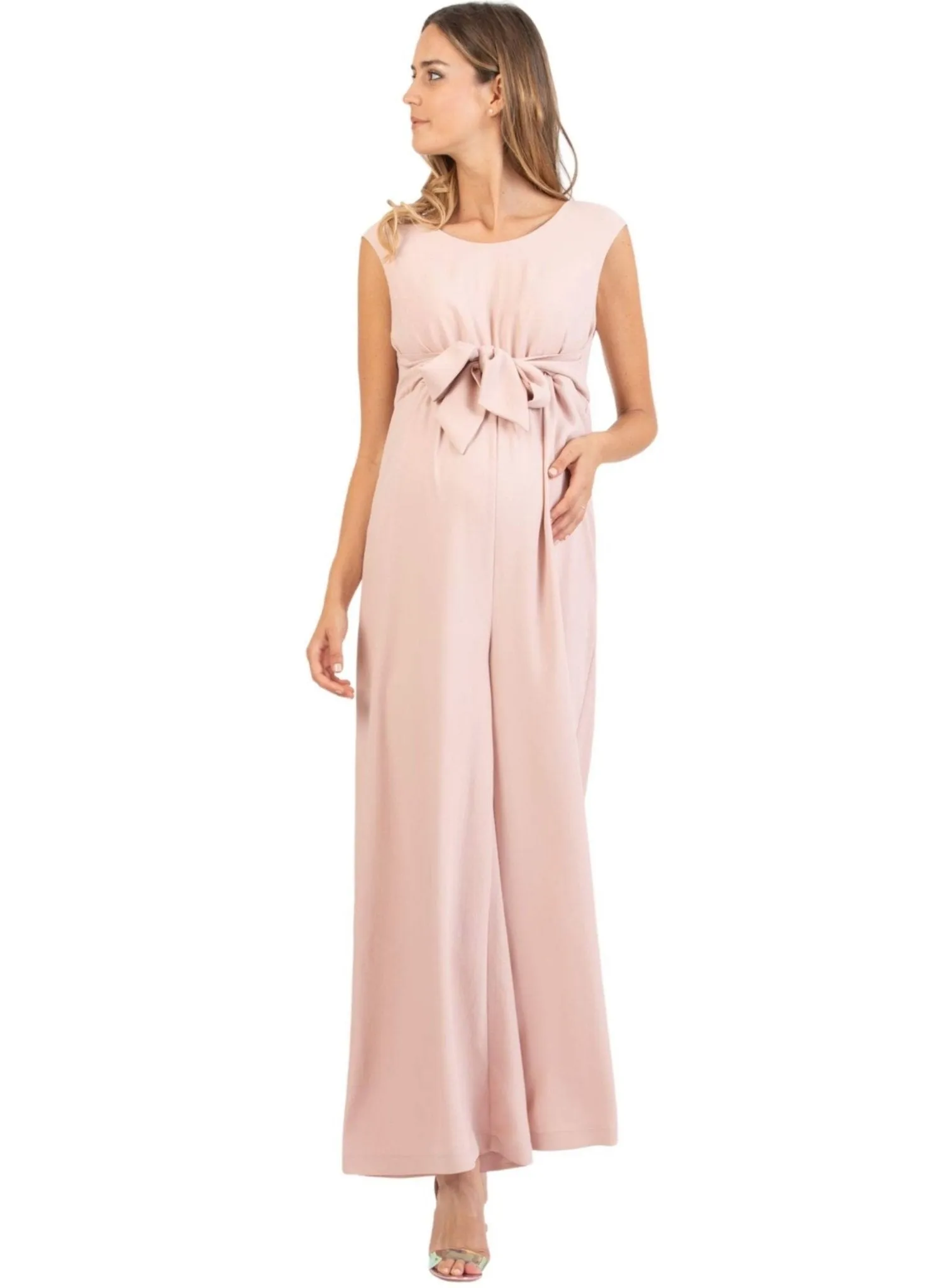 Wide Leg Maternity Jumpsuit with Front Ribbon - Pink