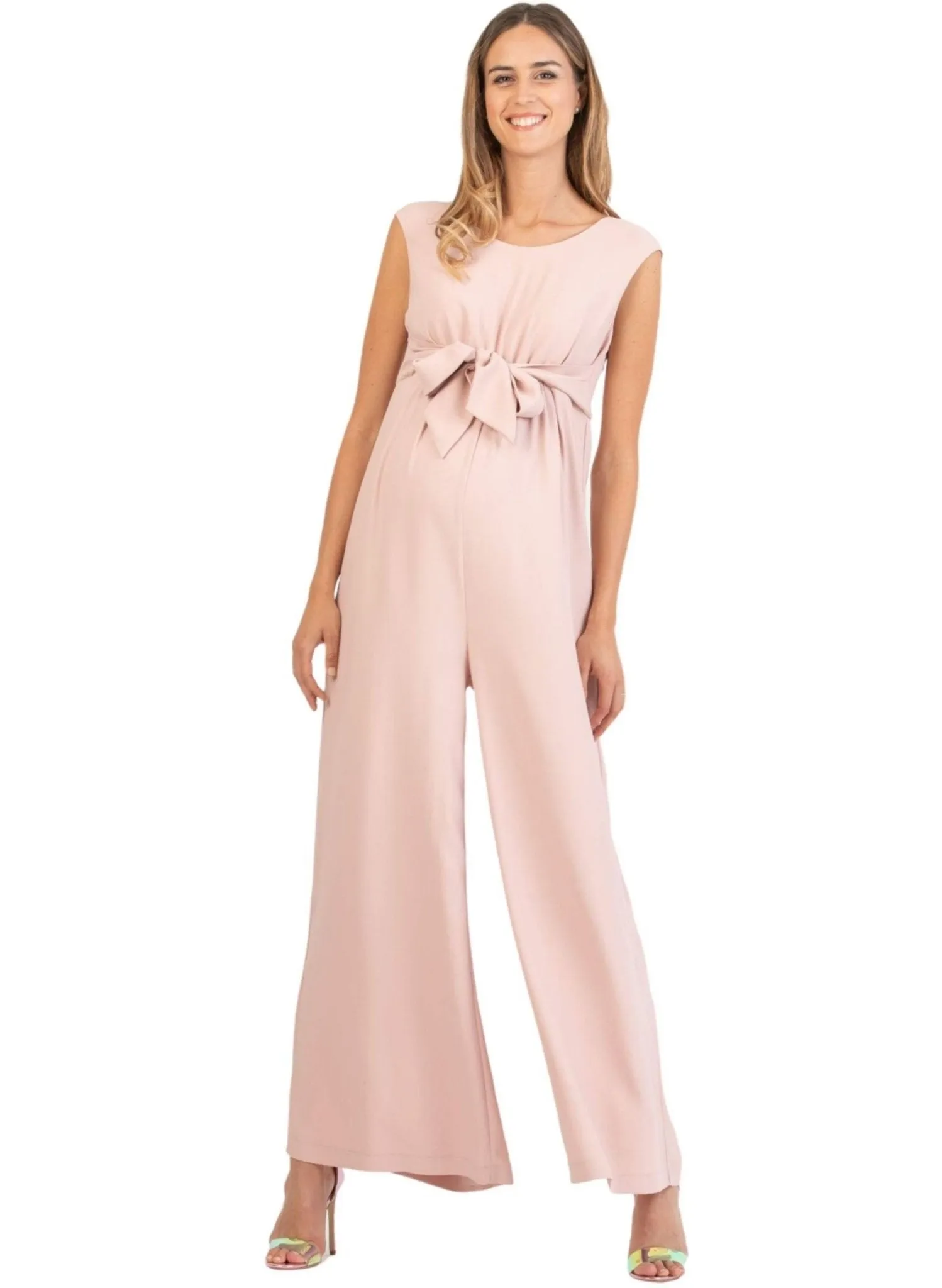 Wide Leg Maternity Jumpsuit with Front Ribbon - Pink