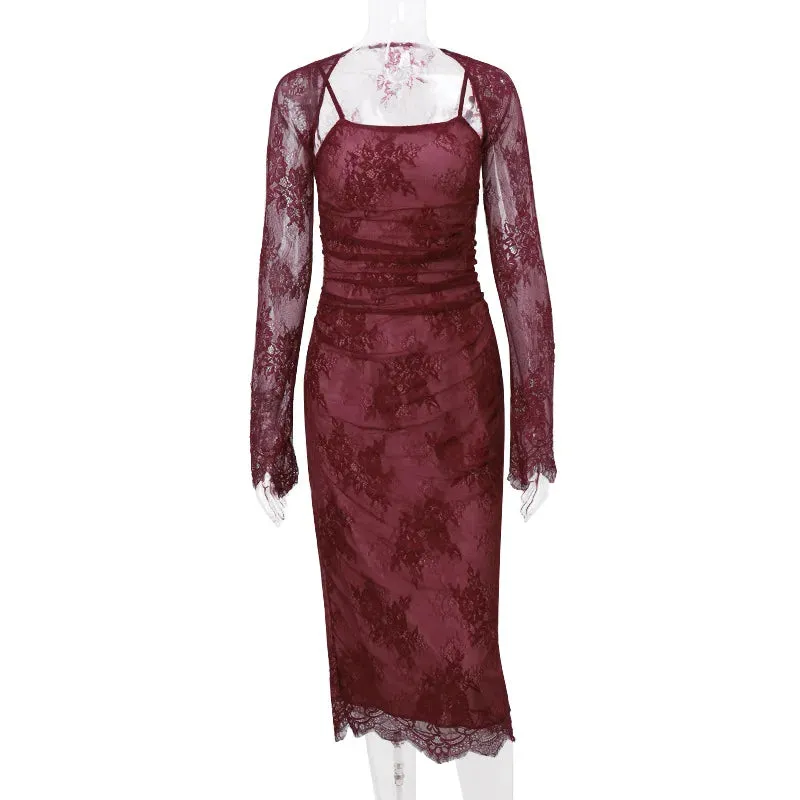 Women's Winter Fashion Lace Printed Back Strap Temperament Slip Dress Club Party Long Dress Elegant Vestidos